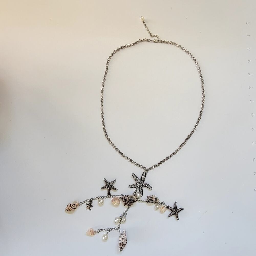 Seashell Starfish Necklace with Pearls Silver Tone Chain Nautical Beach Jewelry